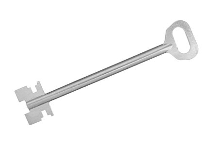 Studio shot of a single metal key isolated on a white background, representing security, access, and problem solvingの写真素材