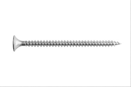 A close-up view of a white wood screw on a transparent backdrop, showing intricate threads and details.の写真素材