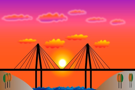 View of the bridge at sunset, vector illustration.のイラスト素材