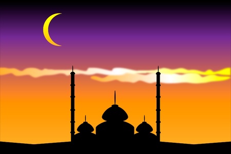 Silhouette of mosques in the moon night, illustrationのイラスト素材