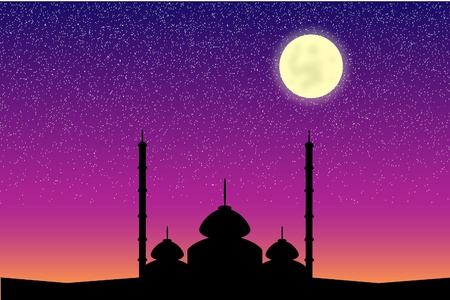 Silhouette of mosque in the moon night, illustrationのイラスト素材