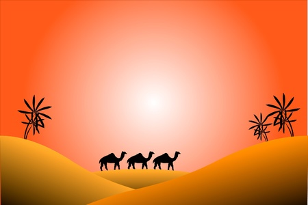 Sunrise in desert with palms and camelsのイラスト素材