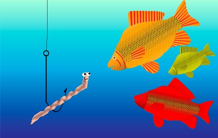 Crucians and worm on water background 