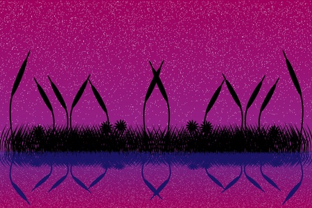 Illustration of lake night scene with grass silhouetteのイラスト素材