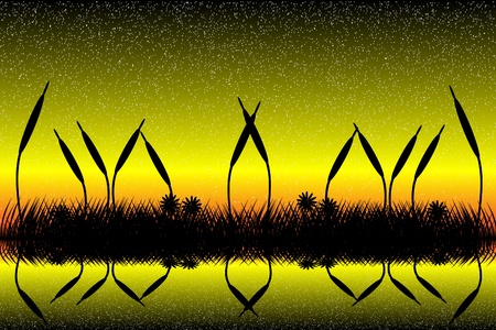 Illustration of lake  scene with grass silhouette at sunsetのイラスト素材