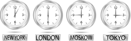 Set of clock showing the time in New York, Moscow, London and Tokyo isolated on white backgroundのイラスト素材