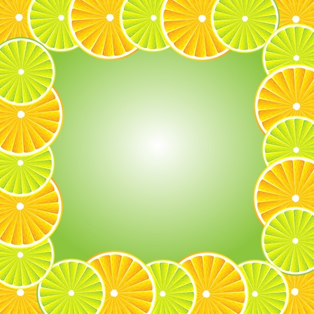 Slices orange and lemon over green white background. illustrationのイラスト素材