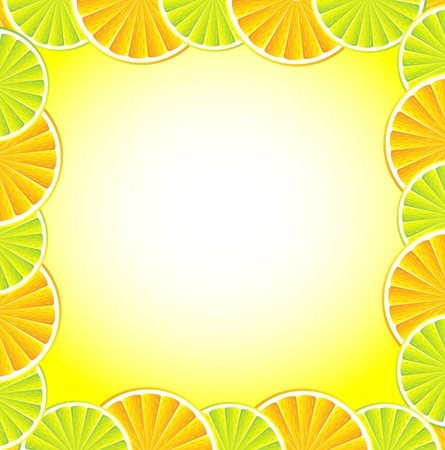 Slices orange and lemon over green white background. illustrationのイラスト素材