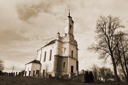 Old church in Zaslavl, Belarus. Spring. Sepia.の写真素材