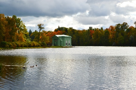 Lake in Gatchina Park on a cloudy day, St.Petersburg, Russia.のeditorial素材