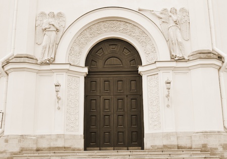  Old door on Christian church in Pushkin, Russia . Sepia.の写真素材