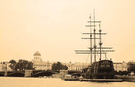 View of sailing ship in harbor, St.Petersburg, Russia. Sepia.の写真素材