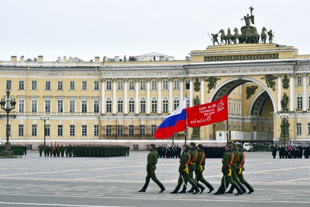Saint-Petersburg, Russia - April 15, 2011 - Parade rehearsal before celebration of 66th Anniversary of Victory Day on Palace Squareのeditorial素材