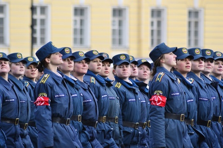 Saint-Petersburg, Russia - April 15, 2011 - Parade rehearsal before celebration of 66th Anniversary of Victory Day on Palace Squareのeditorial素材