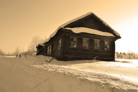 The house of the peasant in Russian village. Winter. Sepia.のeditorial素材