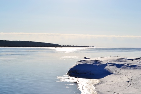 View of Svir river at winter sunny day, Russia.