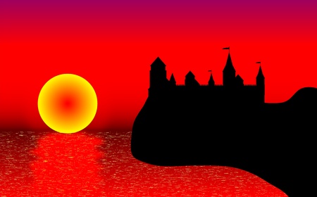 View of the old fort on the beach at sunset - vectorのイラスト素材
