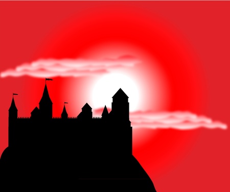 Black silhouette of the castle on a high hill at sunset - vectorのイラスト素材