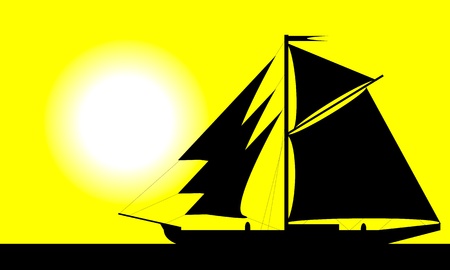 Black ship silhouette on sea at sunset - vectorのイラスト素材