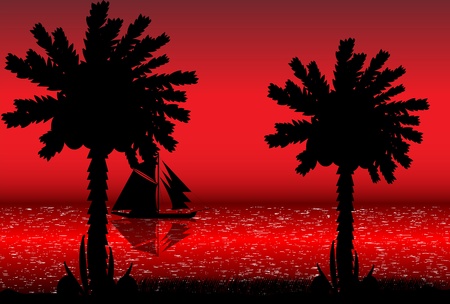 Vector illustration of tropical beach sunset .のイラスト素材