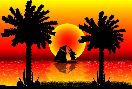 Vector illustration of tropical beach sunset .のイラスト素材