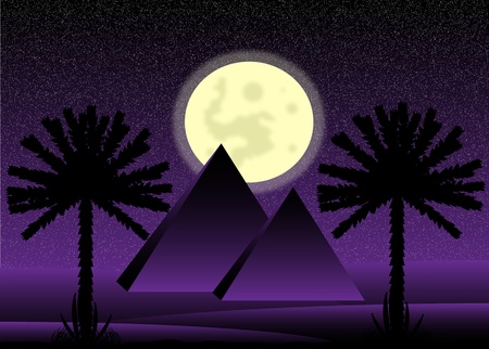 Sahara desert with egyptian pyramids at night - vector illustration.のイラスト素材