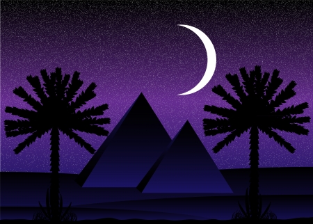Sahara desert with egyptian pyramids at night - vector illustration.のイラスト素材