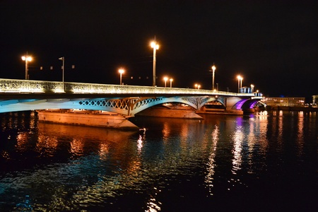 Night view of Blagoveshchensky Bridge in St Petersburg, Russia.のeditorial素材