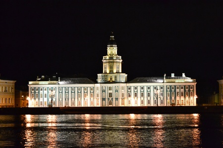 Night view of Neva river and Kunstkamera in St.Petersburg,Russiaのeditorial素材