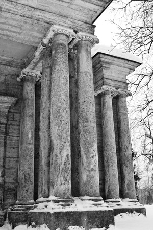 Columns. Architectural detail of building in Gatchina, Russia. Black and white.の写真素材