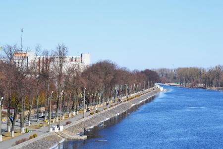 Embankment of the river Ping on a sunny spring day, Pinsk, Belarusのeditorial素材