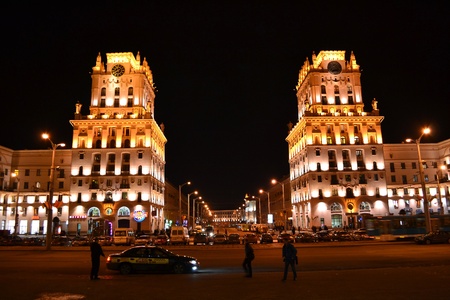 Minsk, Belarus - March 12, 2011 - View of Railway Station Square at nightのeditorial素材