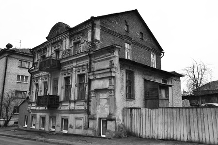 The old dilapidated building in the historic part of Vitebsk, Belarus. Black and white.の写真素材