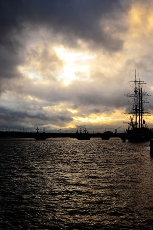 View of St. Petersburg at cloudy winter sunset, Russiaの写真素材