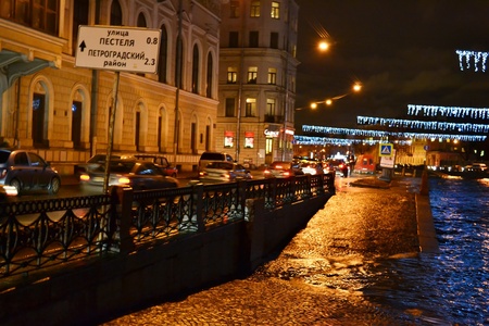 St.Petersburg, Russia - December 15, 2011 - View of night St. Petersburg. Embankment of Fontanka riverのeditorial素材