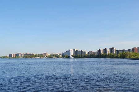 View of Neva river and microdistrict Ribatskoe on a sunny spring day, St.Petersburg, Russiaの写真素材