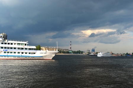 St.Petersburg, Russia - May 28, 2011: River cruise ship sailing on the river Neva on cloudy summer dayのeditorial素材