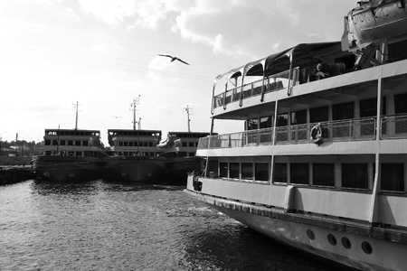 St.Petersburg, Russia - May 28, 2011: River cruise ships to berth quay. Black and white.のeditorial素材