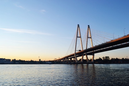  Cable-stayed bridge before sunset, St.Petersburg, Russiaのeditorial素材
