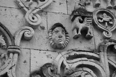 The bas-relief on the wall of a building in Feodorovsky gorodok, Tsarskoye Selo, St.Petersburg, Russia. Black and whiteのeditorial素材