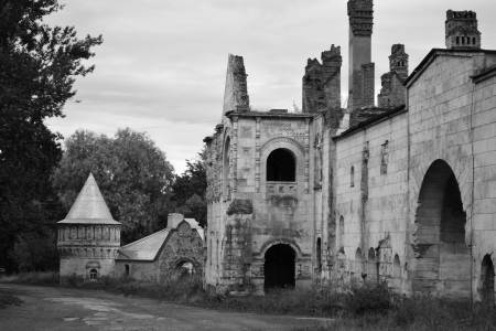 View of Abandoned Feodorovsky gorodok in Tsarskoye Selo, St.Petersburg, Russia. Black and whiteのeditorial素材
