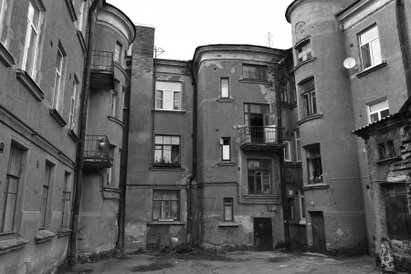 Vyborg, Russia - July 28, 2012: The exterior of a old home. Black and whiteのeditorial素材
