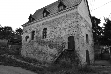 Vyborg, Russia - July 28, 2012: The exterior of a old home. Black and whiteのeditorial素材