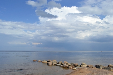 View of Lake Ladoga by cloudy day, Russiaの写真素材
