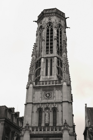 Ancient tower in the center of Paris, France. Black and white.のeditorial素材