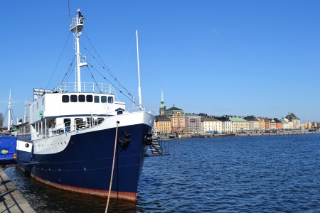 View of embankment in Stockholm at sunny spring day, Swedenの写真素材