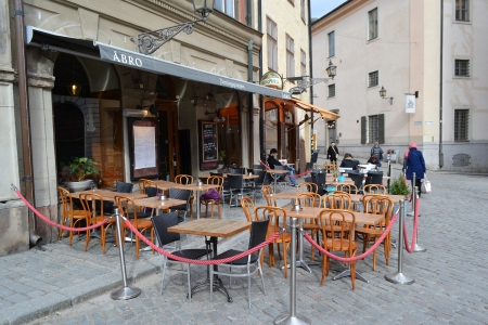 Stockholm, Sweden - April 11, 2013: Cafe on the street of The Old Town (Gamla Stan) in Stockholmのeditorial素材