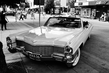 Lappeenranta, Finland - June 3, 2013: Retro car on the street. Black and white.のeditorial素材