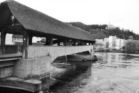 The Chapel Bridge in the city of Lucerne, Switzerland. Black and white.の写真素材