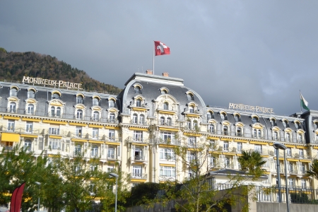 Montreux, Switzerland - November 6, 2013: Luxury hotel in Montreux, Switzerland. Montreux is a small resort town on the Swiss Riviera.のeditorial素材
